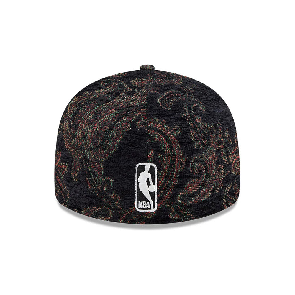 LA Lakers NBA Jacquard Chenille Black New Era 59FIFTY Fitted Cap, rear view showing the white embroidered NBA logo at the centre of the back panel, with an intricate multicoloured pattern across the black structured crown.