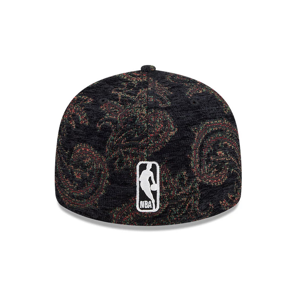 Chicago Bulls NBA Jacquard Chenille Black New Era 59FIFTY Fitted Cap, rear view showing a white embroidered NBA logo at the centre back, intricately patterned chenille fabric with paisley designs in multicoloured thread across the black crown.