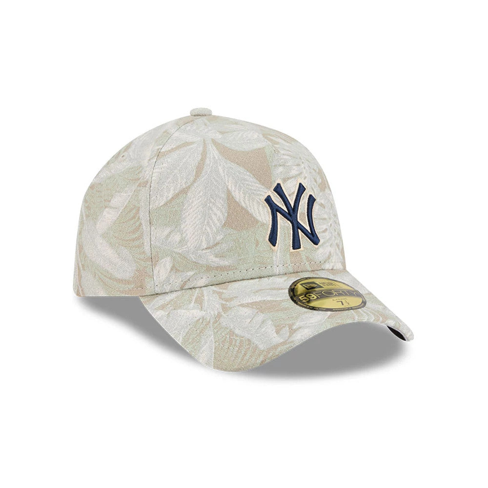 New York Yankees MLB Leafy Palm Light Beige New Era 59FORTY A-Frame Fitted Cap, front view showing the raised navy NY logo embroidered on the palm-patterned beige crown, with a curved visor and a gold 59FORTY size sticker on the visor.