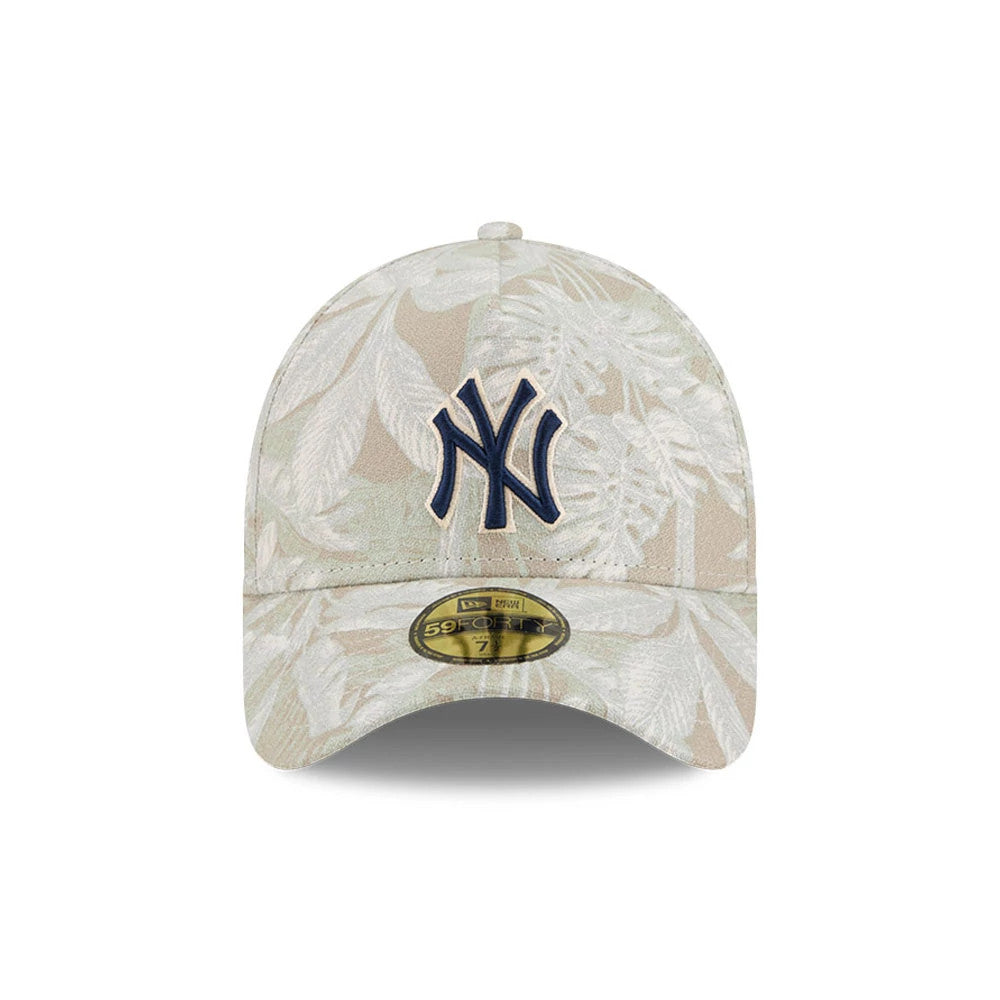 New York Yankees MLB Leafy Palm Light Beige New Era 59FORTY A-Frame Fitted Cap, front view showing the raised dark blue embroidered NY logo on the beige palm leaf patterned crown, with a gold 59FORTY size sticker on the curved visor.
