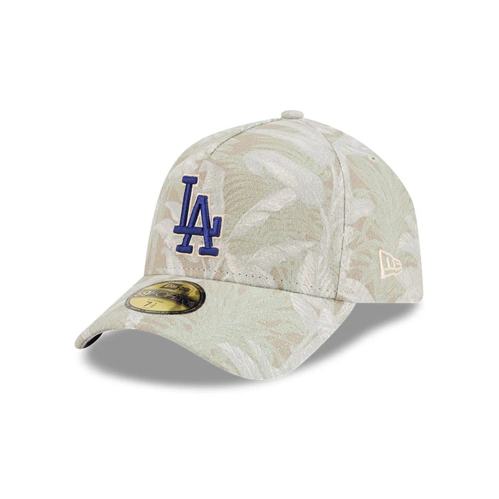 Pictured is this MLB Leafy Palm LA Dodgers 59FORTY A-Frame Fitted cap in light beige. 1