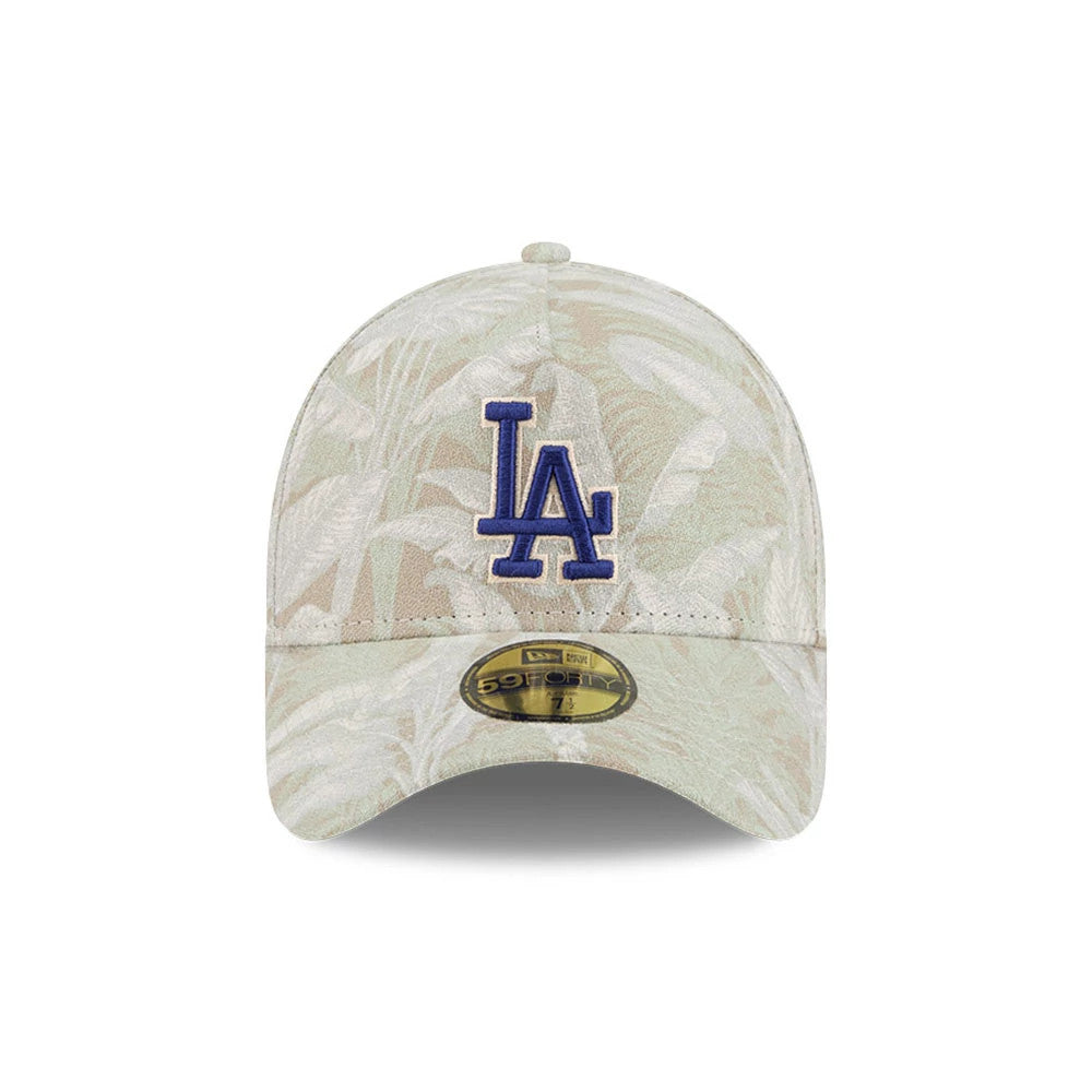 LA Dodgers MLB Leafy Palm Light Beige New Era 59FORTY A-Frame Fitted Cap, front view showing the raised blue embroidered LA logo on the front panel, a leafy palm pattern, and a gold 59FORTY size sticker on the light beige visor.