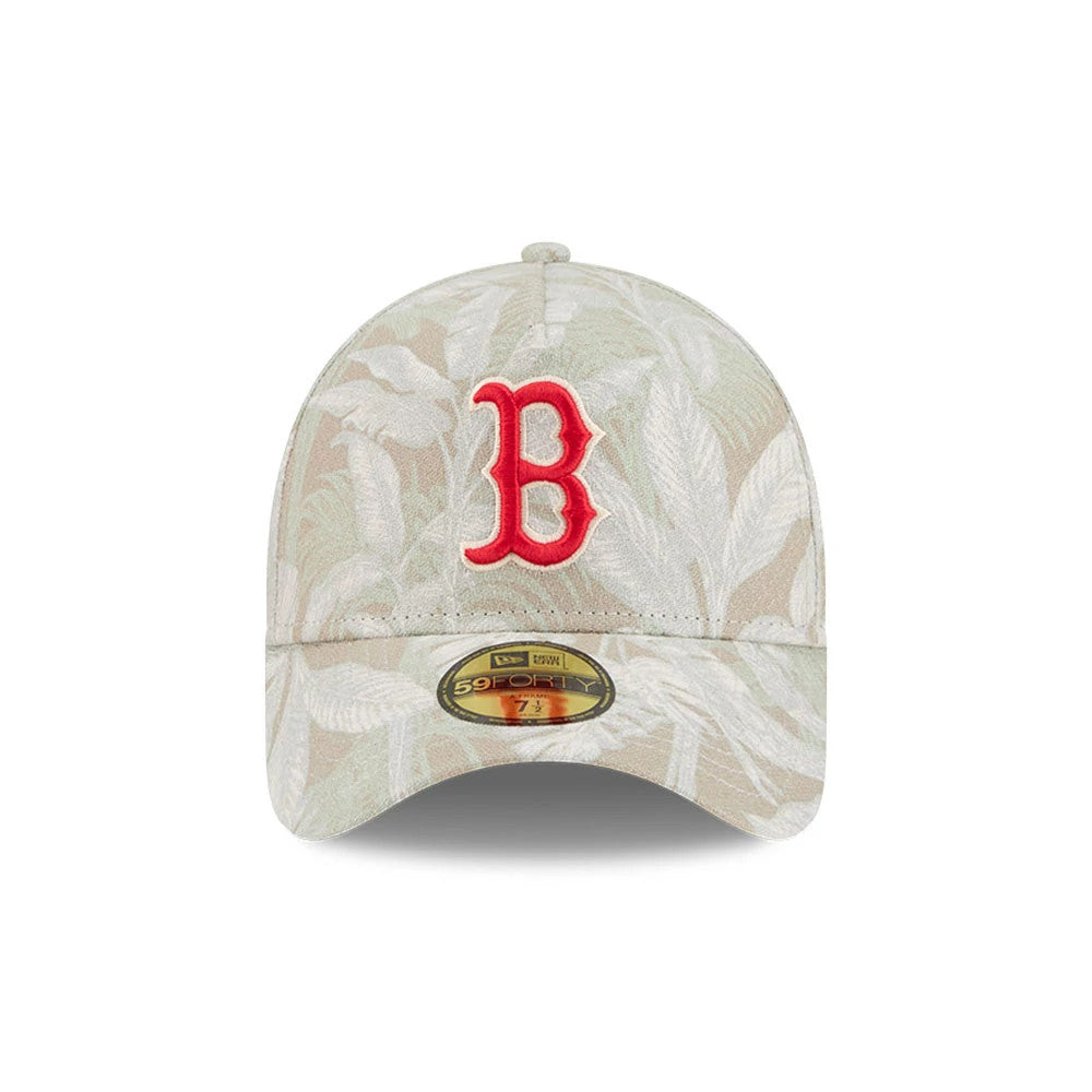 Boston Red Sox MLB Leafy Palm Light Beige New Era 59FORTY A-Frame Fitted Cap, front view showing a raised red B embroidery on the front panel, a leafy palm print covering the crown and visor, and a gold 59FORTY size sticker on the visor.