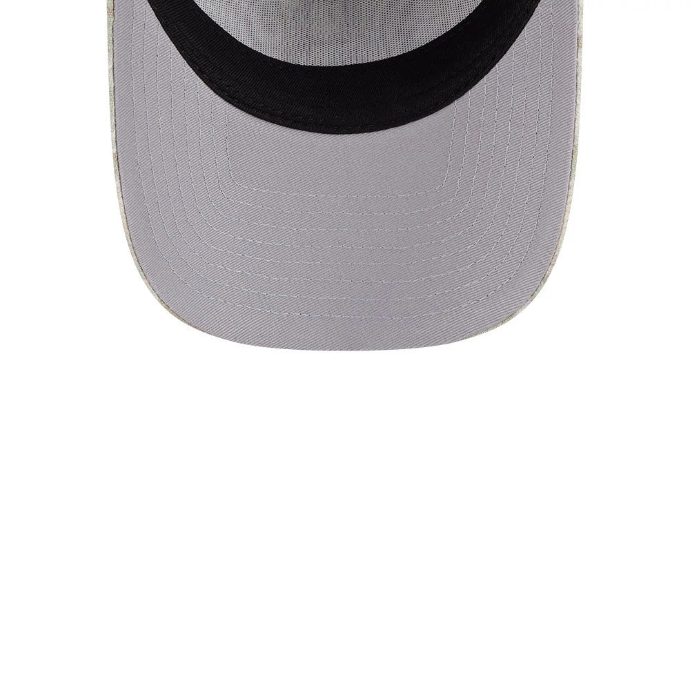 Boston Red Sox MLB Leafy Palm Light Beige New Era 59FORTY A-Frame Fitted Cap, inside view showing the black sweatband lining the base of the structured crown, light grey undervisor with parallel stitching, and the curved visor shape.