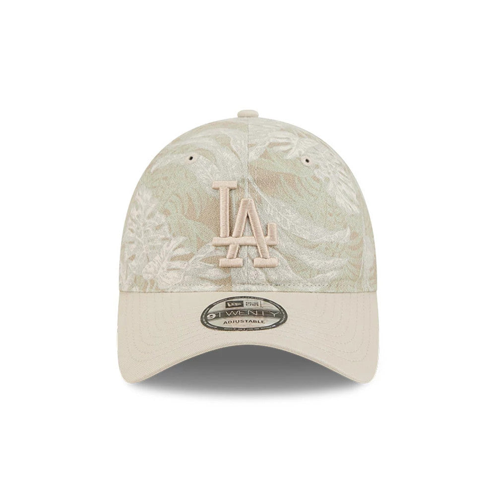 LA Dodgers MLB Leafy Palm Light Beige New Era 9TWENTY Adjustable Cap, front view showing the flat embroidered LA logo centred on the structured crown with a palm leaf pattern detail and a 9TWENTY size sticker on the light beige visor.