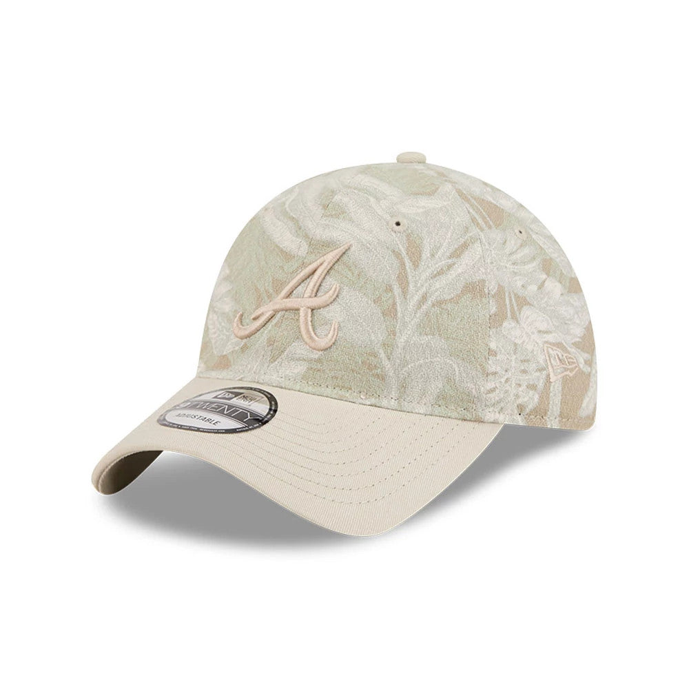 Pictured is this MLB Leafy Palm Atlanta Braves 9TWENTY Adjustable cap in light beige. 1