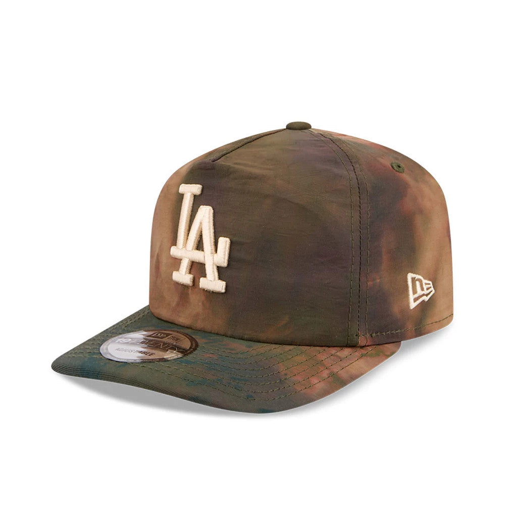 LA Dodgers MLB Nylon Wash Dye Open Green New Era 19TWENTY Adjustable Cap, three-quarter view showing the white raised embroidered LA logo on the front panel, the New Era flag logo on the left side.