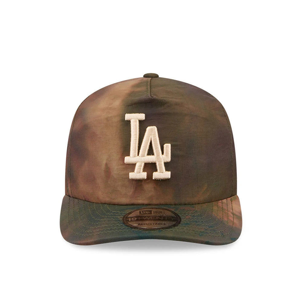 LA Dodgers MLB Nylon Wash Dye Open Green New Era 19TWENTY Adjustable Cap, front view showing a raised white LA logo on the washed green crown, with a curved visor and the 19TWENTY size sticker on the visor adding detail.