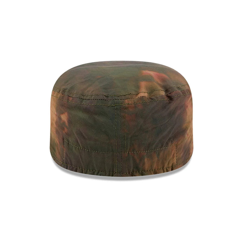 New Era LA Dodgers MLB Nylon Wash Dye Open Green Painter Cap, rear view showing a seamless round crown with no logos, featuring a distinctive wash dye pattern with blending shades of green, brown, and hints of orange across the nylon fabric.