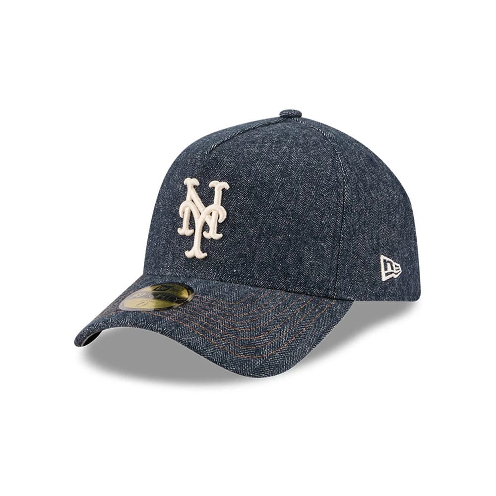 Pictured is this MLB Quickstrike Herringbone Denim New York Mets 59FORTY A-Frame Fitted cap in navy. 1
