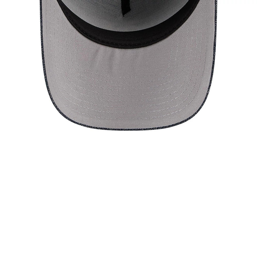 Mets MLB Herringbone Denim Navy New Era 59FORTY A-Frame Fitted Cap, inside view showing a grey undervisor, black inner taping along the seams, and a dark sweatband lining the interior edge of the structured A-frame crown.