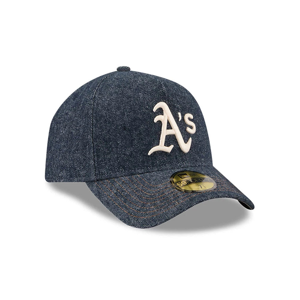 Athletics MLB Herringbone Denim Navy New Era 59FORTY A-Frame Fitted Cap, three-quarter view showing the white raised embroidered A’s logo on the front panel, with a matching navy curved visor and a gold 59FORTY size sticker on the top.