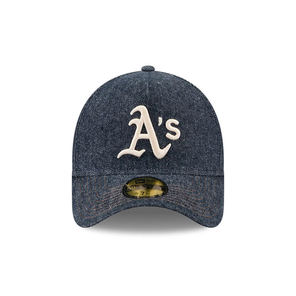 Pictured is this MLB Quickstrike Herringbone Denim Athletics 59FORTY A-Frame Fitted cap in navy. 3
