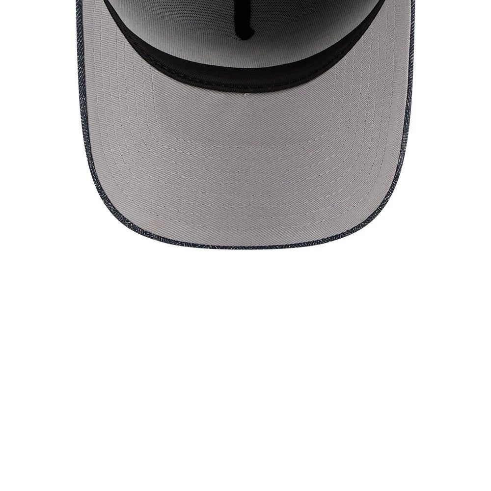 Yankees MLB Herringbone Denim Navy New Era 59FORTY A-Frame Fitted Cap, inside view showing the grey undervisor, black inner sweatband, and dark taping along the seam edges, highlighting the cap's internal construction.