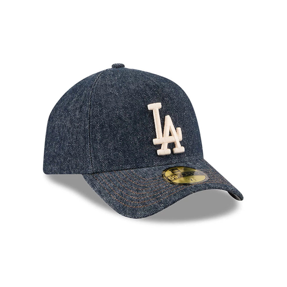 Dodgers MLB Herringbone Denim Navy New Era 59FORTY A-Frame Fitted Cap, three-quarter view showing a white embroidered LA logo on the structured navy herringbone crown, with a curved visor featuring a gold 59FORTY size sticker.