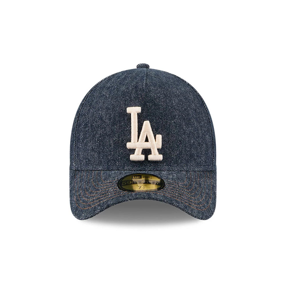 Dodgers MLB Herringbone Denim Navy New Era 59FORTY A-Frame Fitted Cap, front view showing the raised white LA logo embroidered on the structured navy denim crown, with a curved visor and a black 59FORTY size sticker on the centre of the visor.