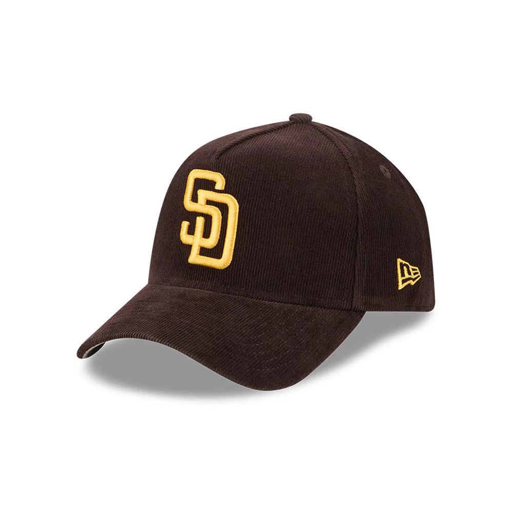 Padres MLB Snow Wash Cord Dark Brown New Era 59FORTY A-Frame Fitted Cap, front view showing the raised gold embroidered SD logo on the front panel, with a dark brown corduroy visor and New Era flag logo embroidered on the left side.