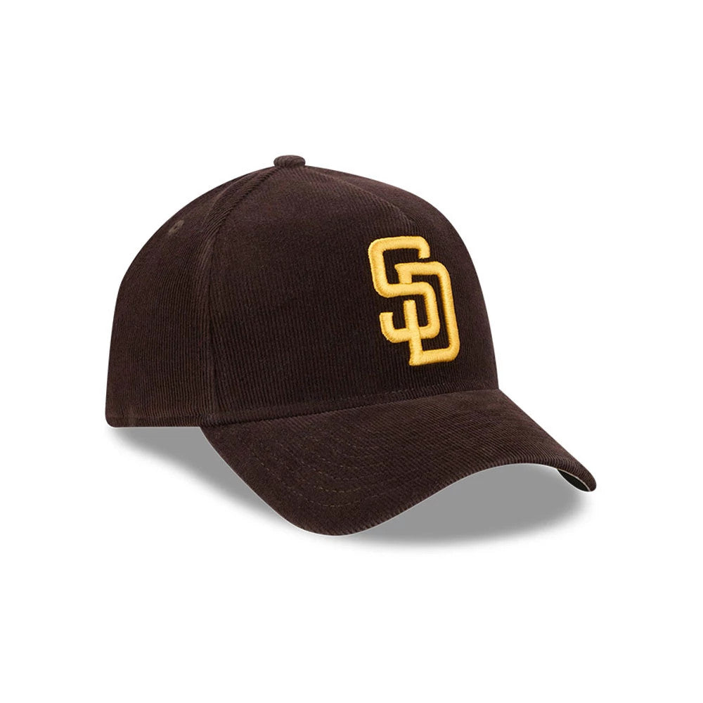 Padres MLB Snow Wash Cord Dark Brown New Era 59FORTY A-Frame Fitted Cap, three-quarter view showing the raised yellow SD logo embroidered on the front panel, with a curved dark brown visor and a textured corduroy finish.