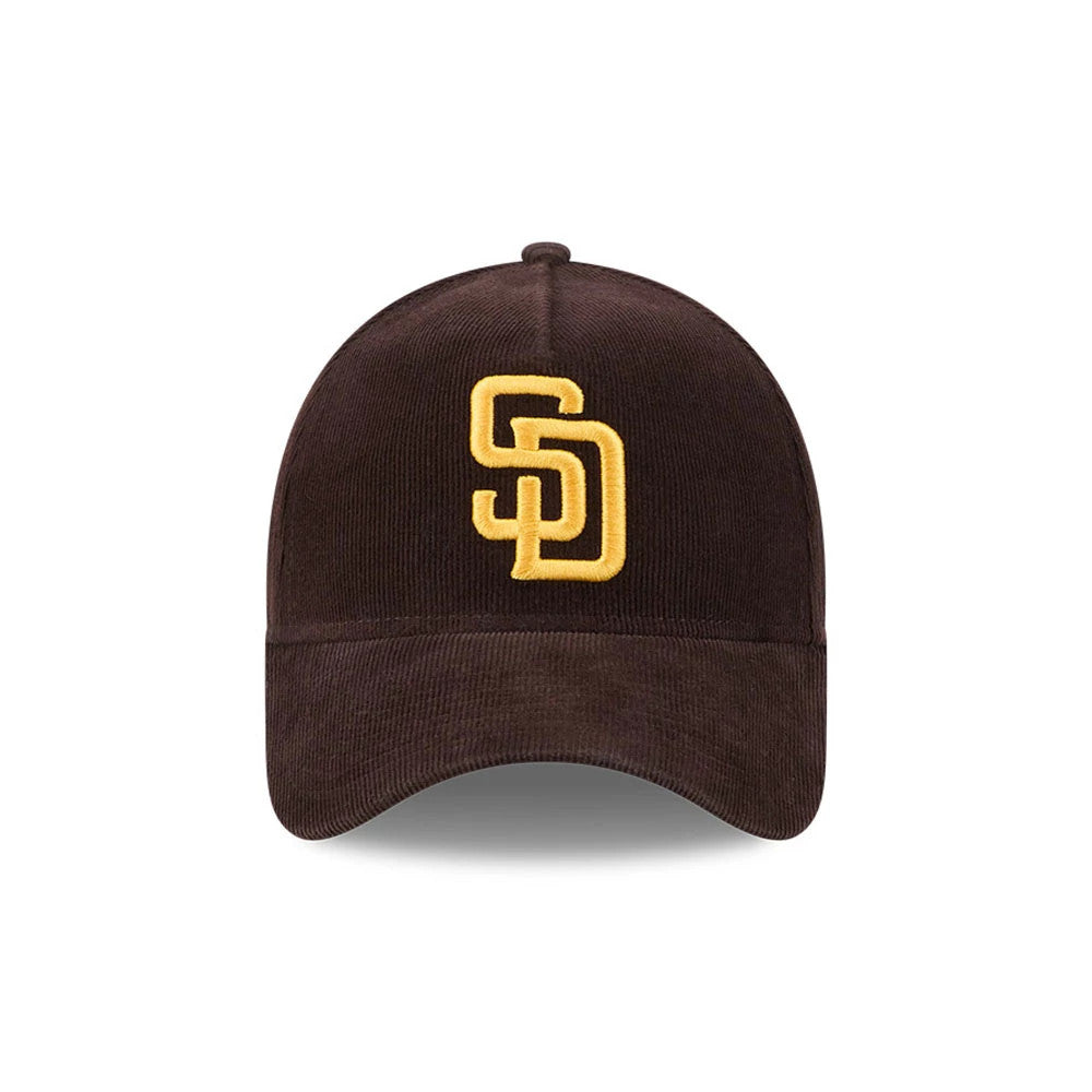 Padres MLB Snow Wash Cord Dark Brown New Era 59FORTY A-Frame Fitted Cap, front view showing the raised gold SD logo embroidered on the dark brown corduroy fabric with a curved visor and a distinct top button.