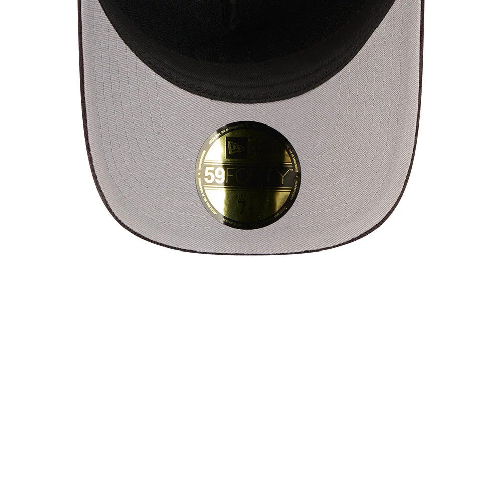 Padres MLB Snow Wash Cord Dark Brown New Era 59FORTY A-Frame Fitted Cap, inside view showing the grey undervisor, black sweatband, and featuring a gold 59FORTY size sticker centrally placed on the curved grey visor.