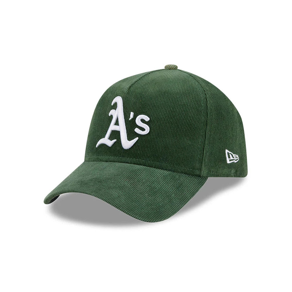 Athletics MLB Snow Wash Cord Dark Green New Era 59FORTY A-Frame Fitted Cap, front view showing the white raised embroidered A's logo on the structured dark green corduroy crown, with a pre-curved matching visor.
