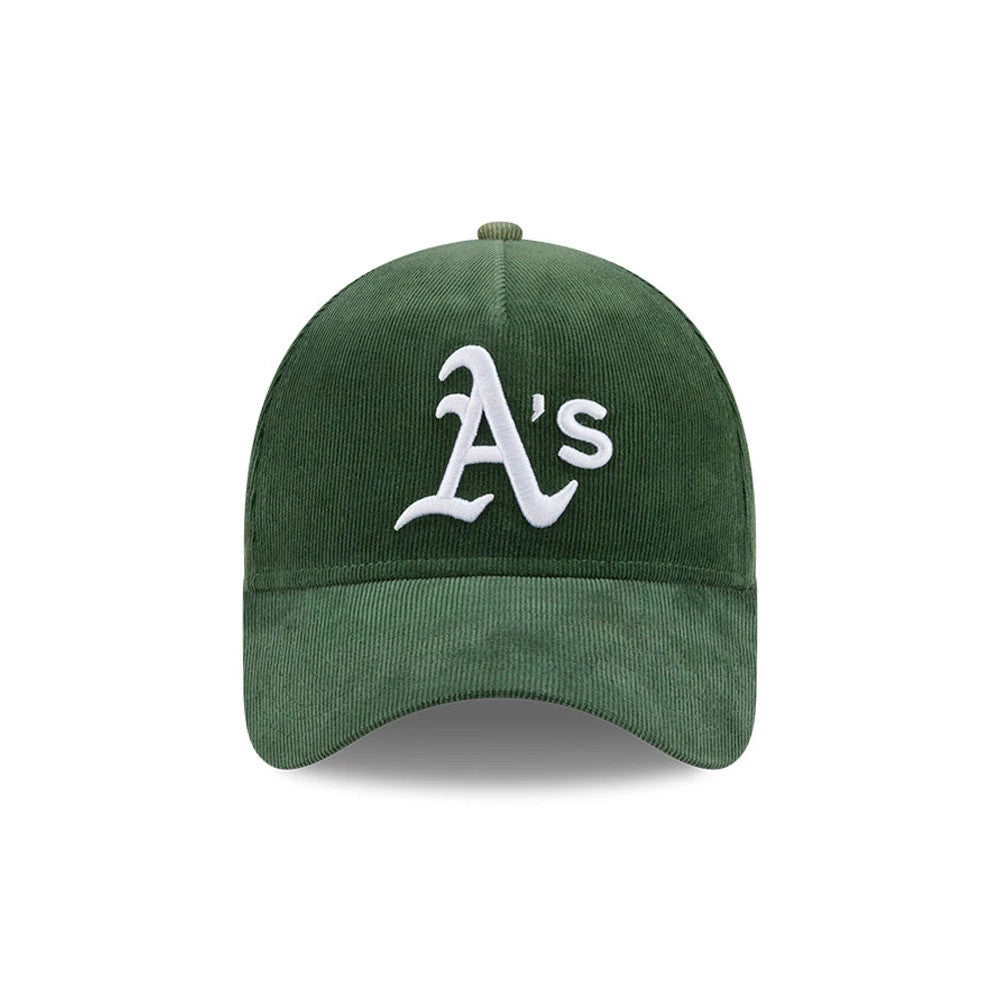 Pictured is this MLB Quickstrike Snow Wash Cord Athletics 59FORTY A-Frame Fitted cap in dark green. 3