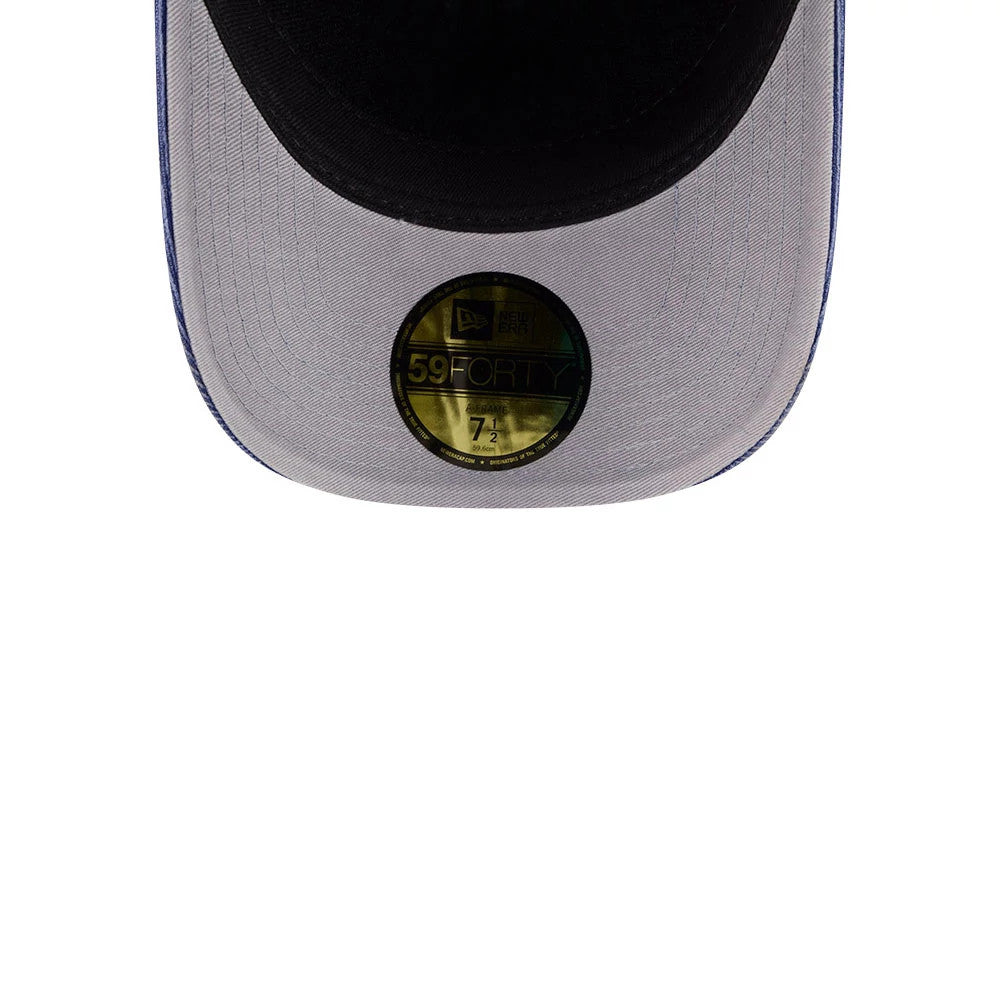 Dodgers MLB Snow Wash Cord Dark Blue New Era 59FORTY A-Frame Fitted Cap, underside view showing a gold 59FORTY size sticker on the light grey undervisor, with a contrasting dark blue trim around the visor edge.