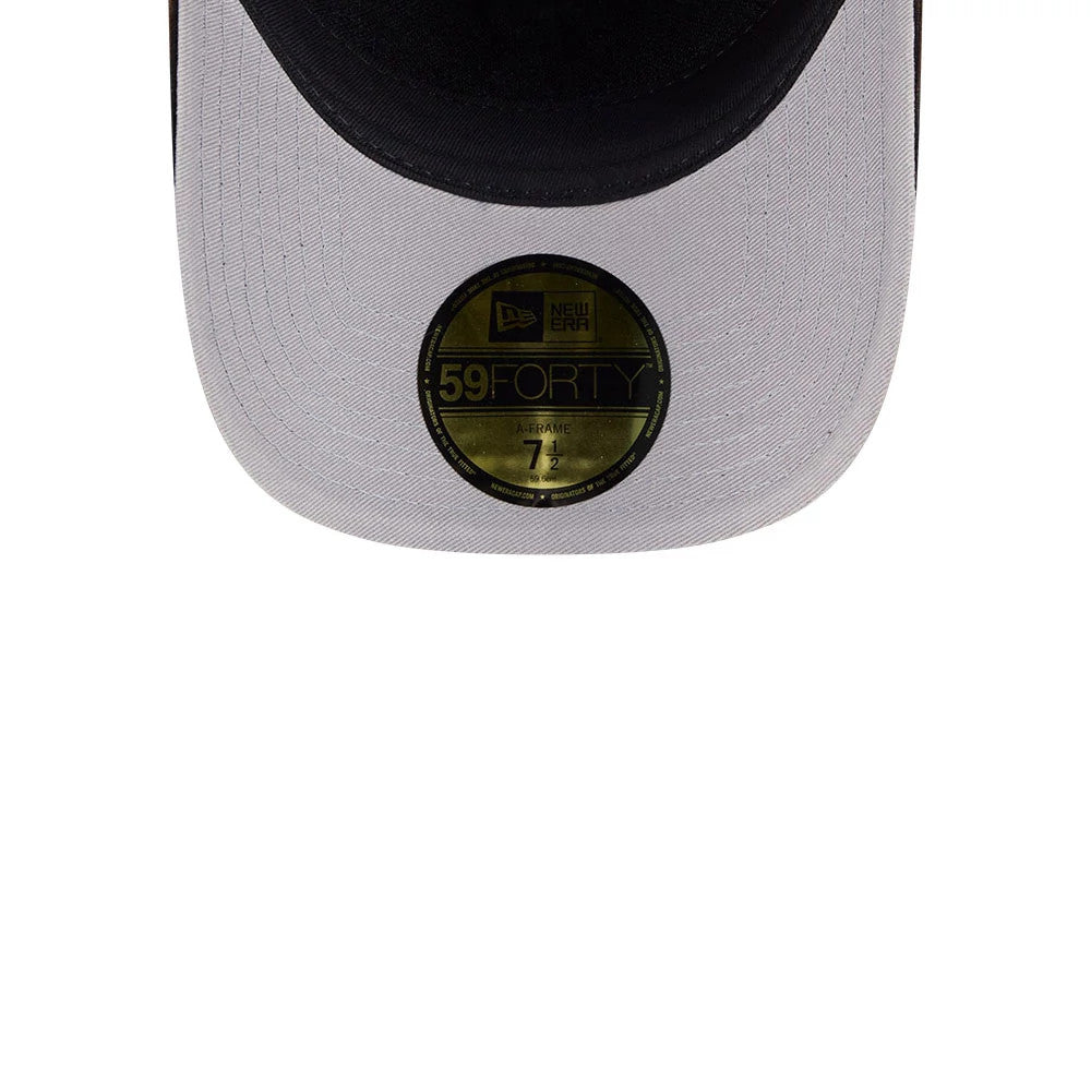 White Sox MLB Snow Wash Cord Black New Era 59FORTY A-Frame Fitted Cap, front view showing the grey curved visor with a prominent gold 59FORTY size sticker and a black undervisor inside the slightly arched visor.