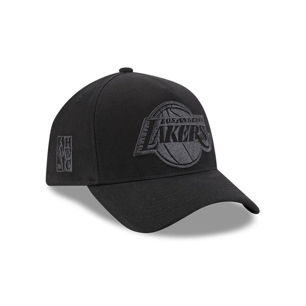 Lakers NBA Waxy Canvas Black New Era 59FORTY A-Frame Fitted Cap, three-quarter view showing the black raised embroidered Lakers logo on the front panel, black curved visor, and the NBA Hardwood Classics patch on the left side.