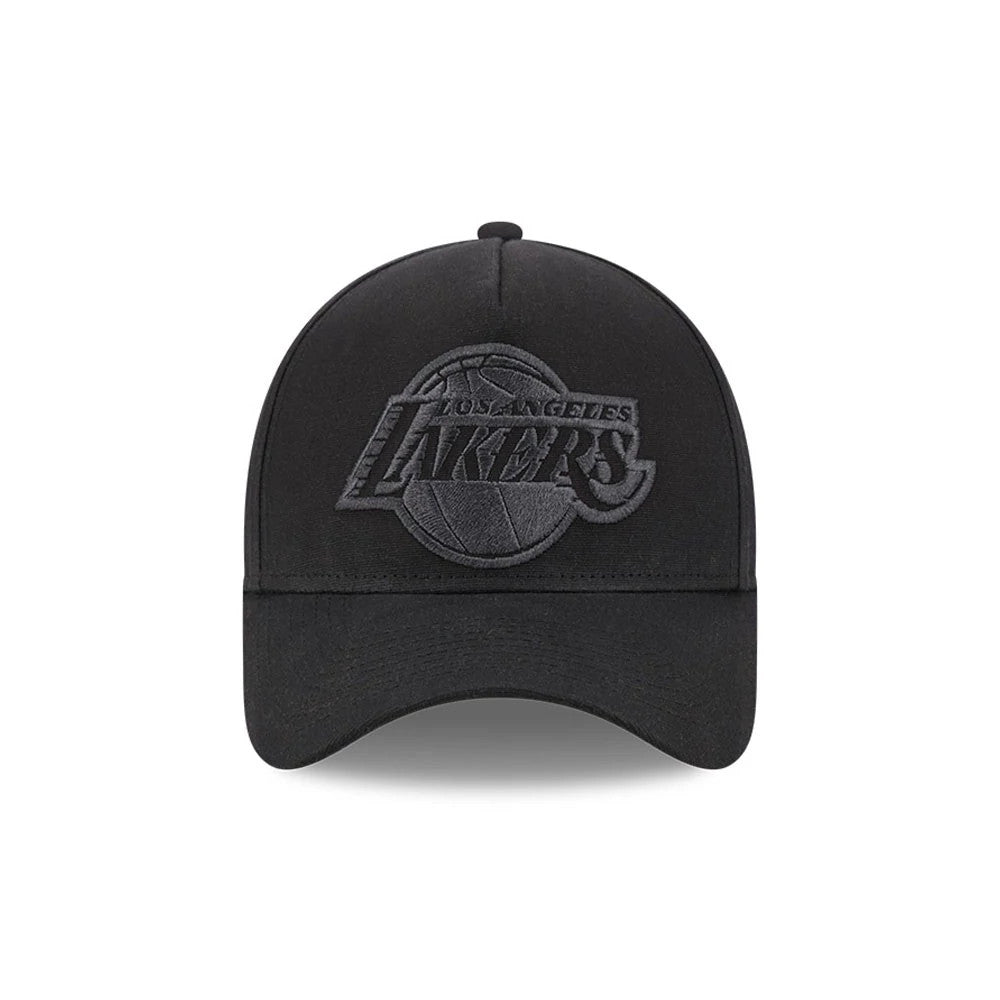 Lakers NBA Waxy Canvas Black New Era 59FORTY A-Frame Fitted Cap, front view showing the black-on-black embroidered Lakers wordmark with a basketball graphic on the structured crown, paired with a matching black curved visor.