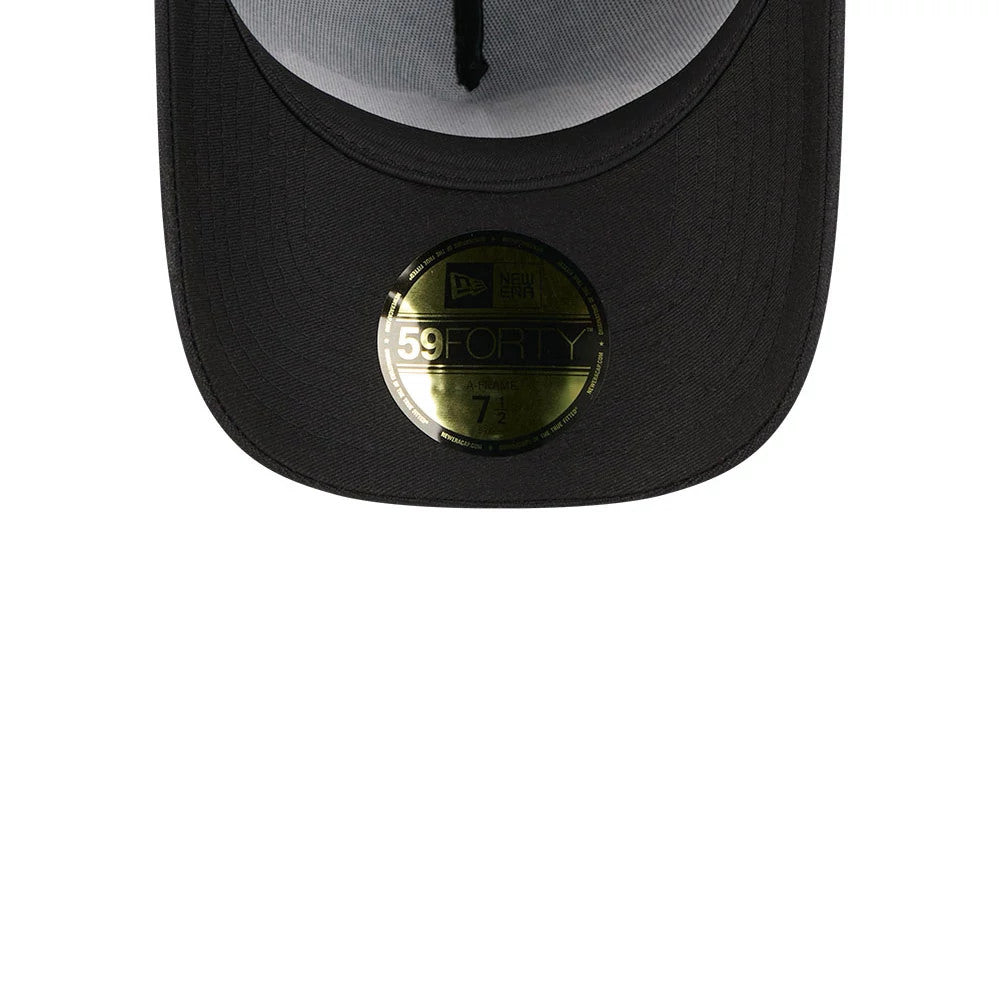 Lakers NBA Waxy Canvas Black New Era 59FORTY A-Frame Fitted Cap, top view showing a structured black crown with a curved black visor and a gold 59FORTY size sticker centred underneath, alongside a grey undervisor.