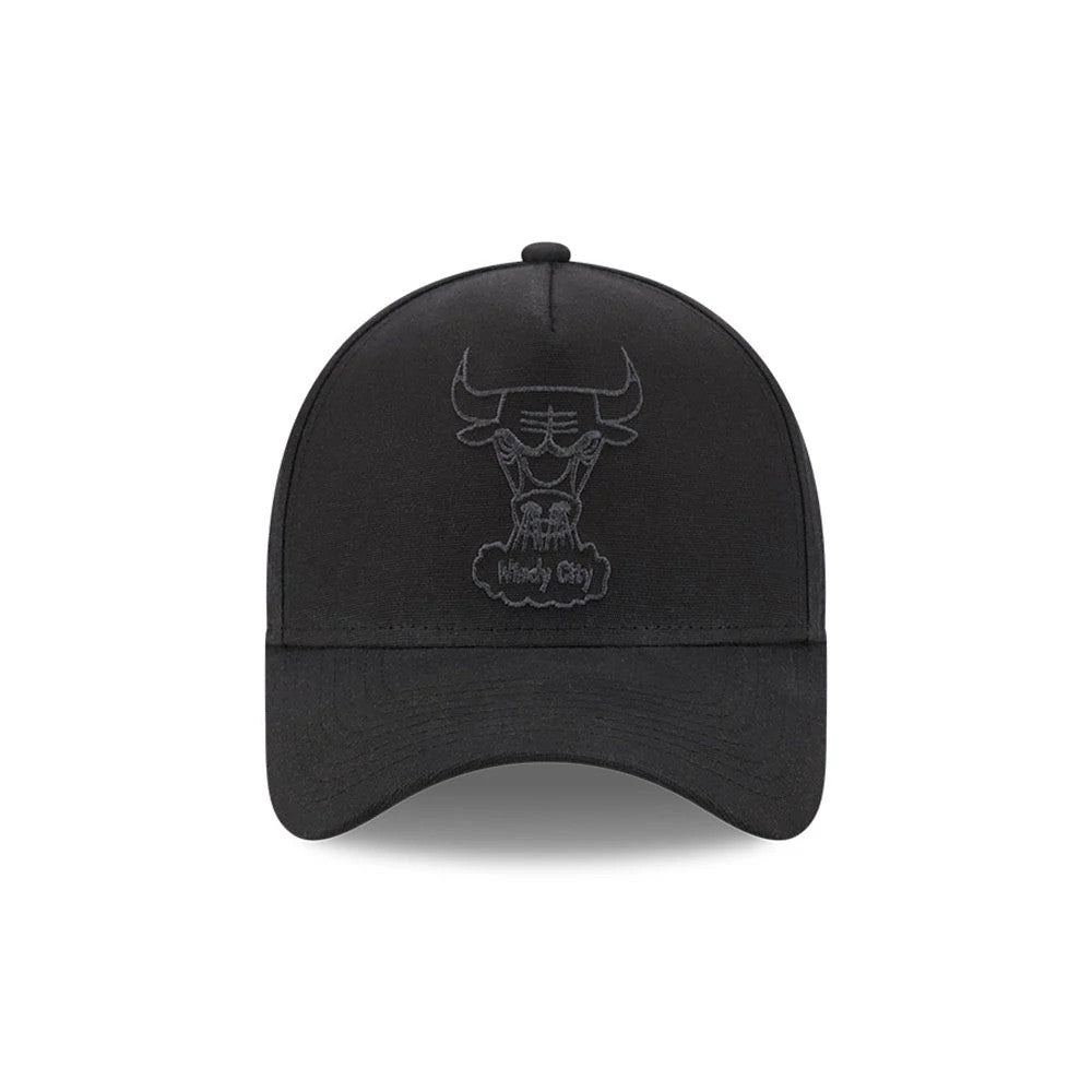 Bulls NBA Waxy Canvas Black New Era 59FORTY A-Frame Fitted Cap, front view showing a black embroidered Bulls logo with the text Windy City on the front panel, complemented by a curved black visor and structured crown.