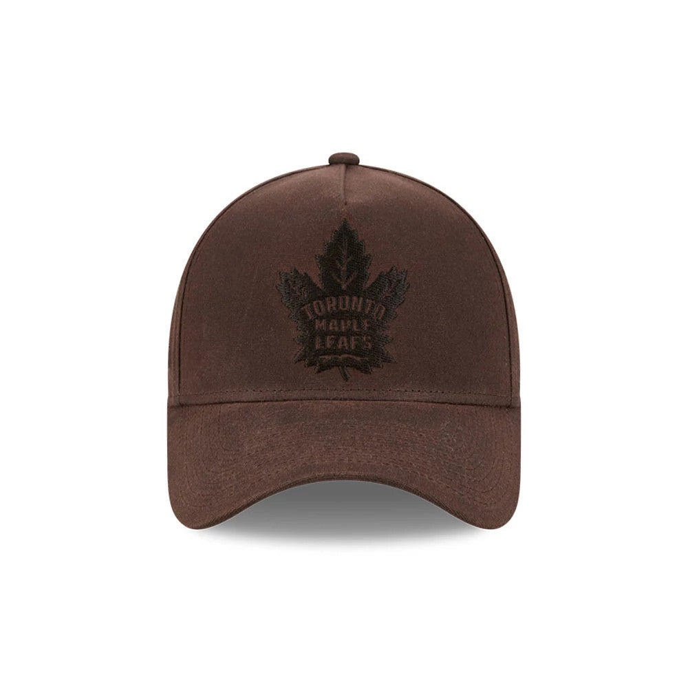 Maple Leafs NHL Waxy Canvas Open Brown New Era 59FORTY A-Frame Fitted Cap, front view showing the dark brown embroidered Maple Leafs logo on the front panel, with a pre-curved matching brown visor and a structured crown.