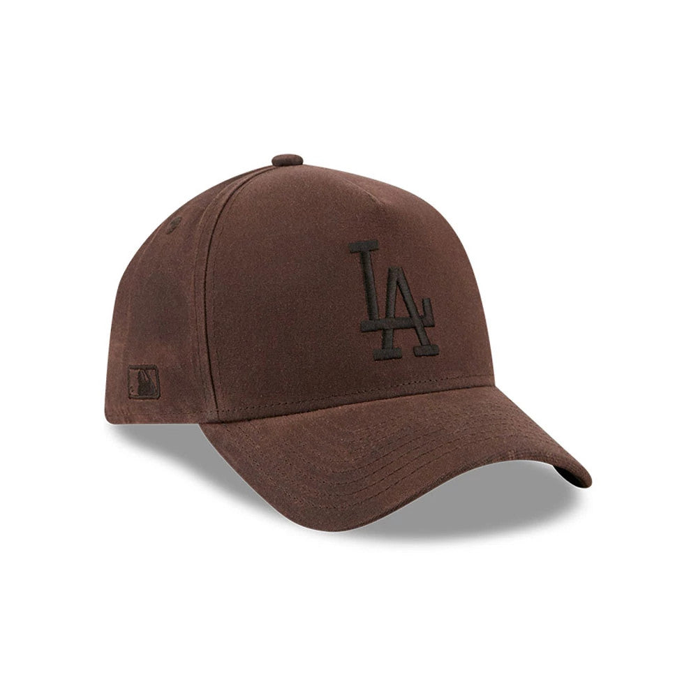 Dodgers MLB Waxy Canvas Open Brown New Era 59FORTY A-Frame Fitted Cap, three-quarter view showing the dark brown embroidered LA logo on the front panel, curved visor, and the New Era flag logo on the left side.