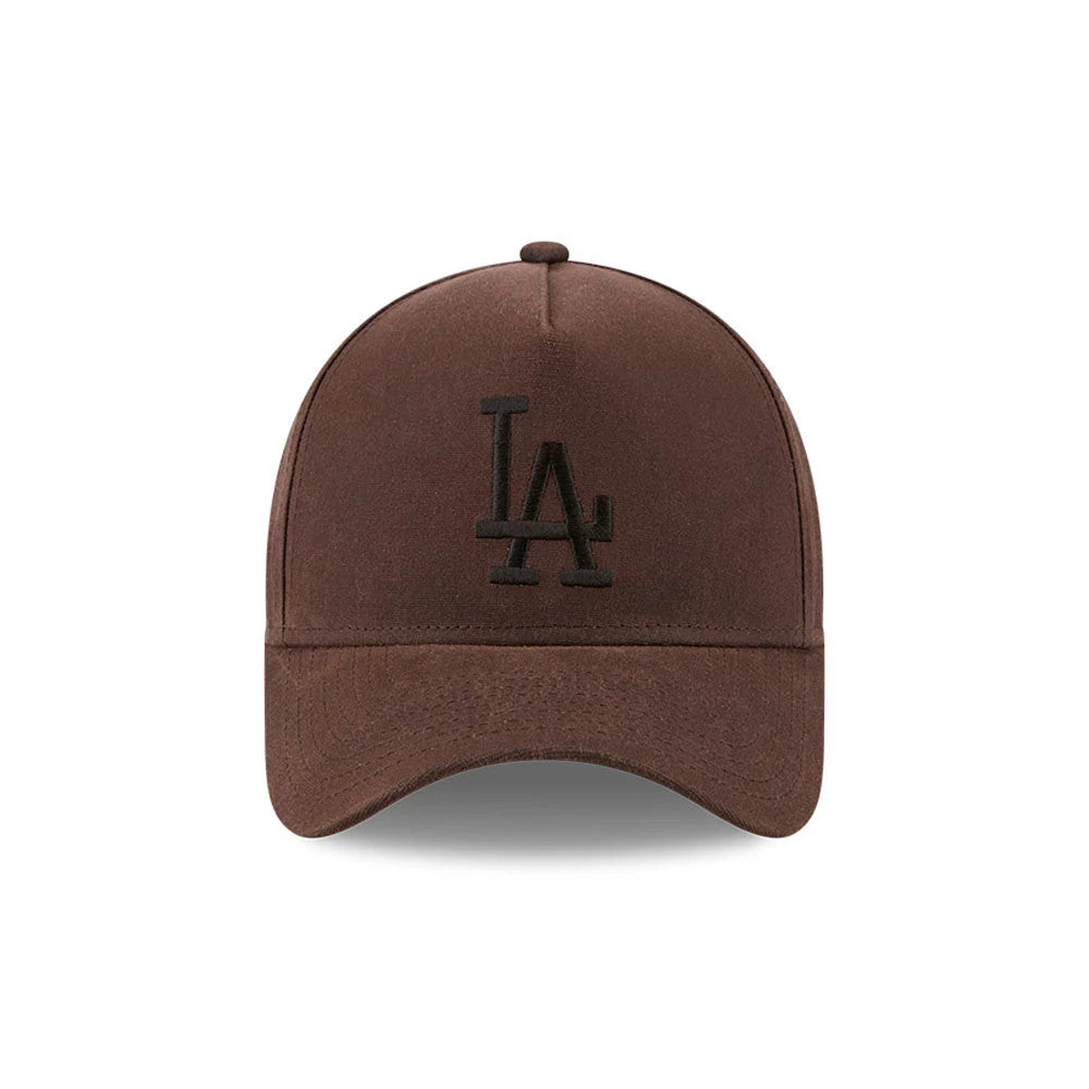 Dodgers MLB Waxy Canvas Open Brown New Era 59FORTY A-Frame Fitted Cap, front view showing a black raised LA logo embroidered on the structured brown crown, complete with a matching brown curved visor and top button.