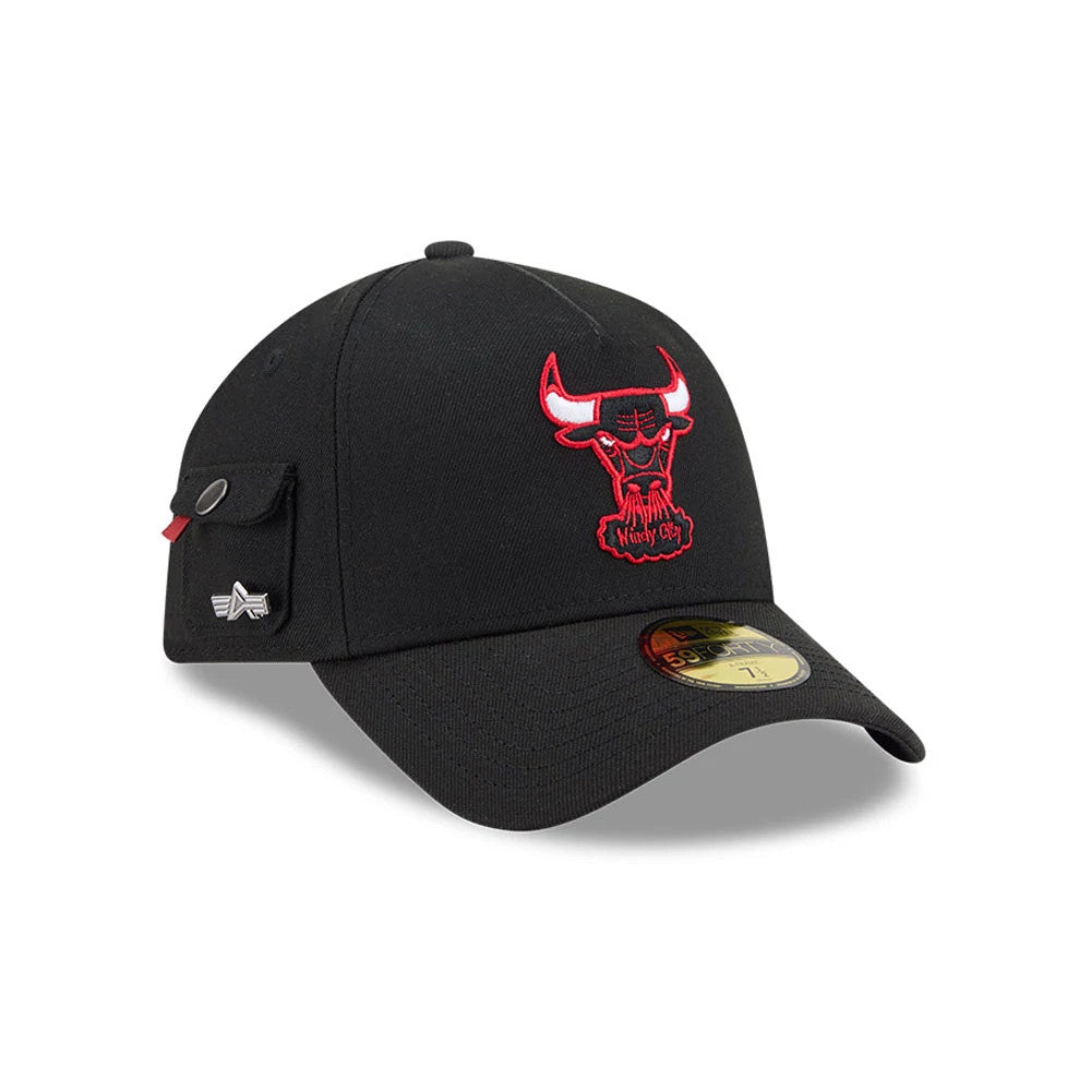 Chicago Bulls NBA X Alpha Black New Era 59FORTY A-Frame Fitted Cap, three-quarter view showing the red and white embroidered Chicago Bulls logo on the front panel, black curved visor with gold 59FORTY size sticker, and small side pouch detail.