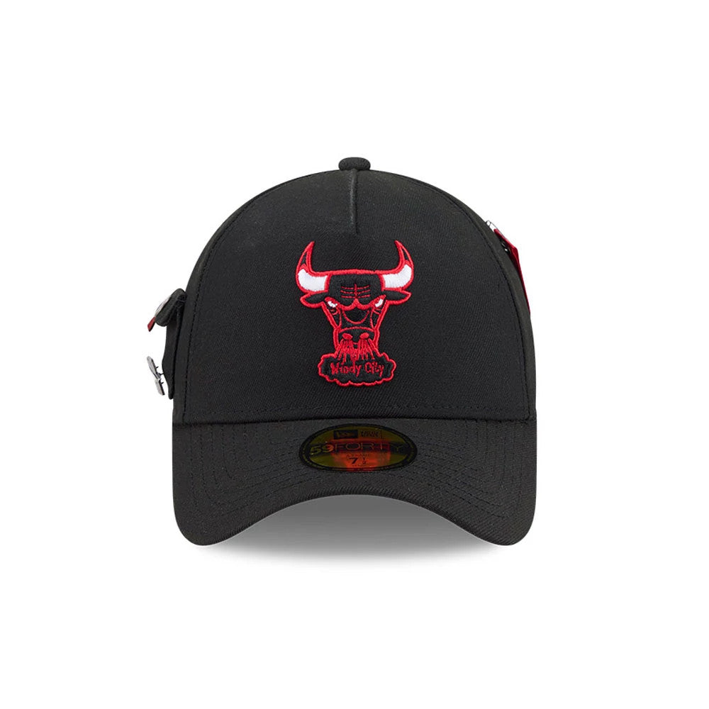 Chicago Bulls NBA X Alpha Black New Era 59FORTY A-Frame Fitted Cap, front view showing the red and white embroidered Bulls logo with Windy City text on the front panel, black curved visor and 59FORTY size sticker on top.