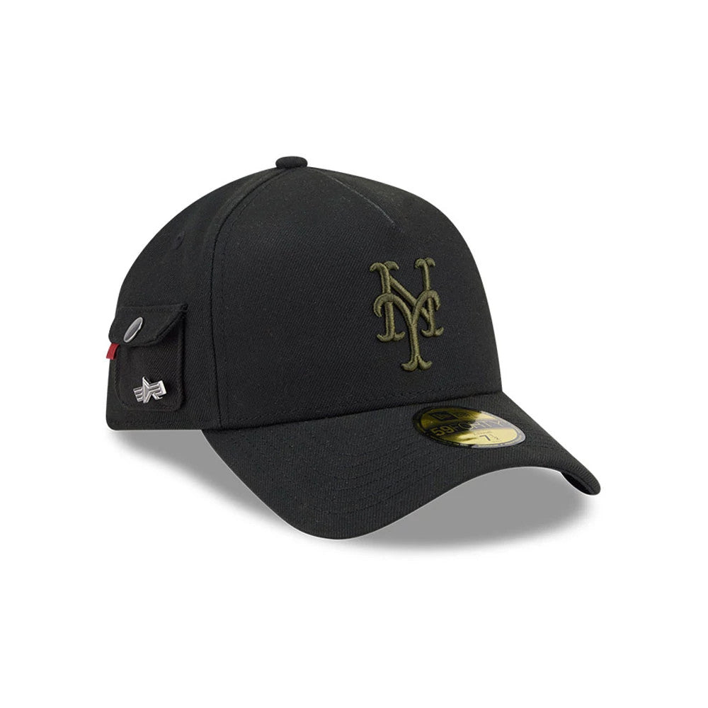 New York Mets MLB X Alpha Black New Era 59FORTY A-Frame Fitted Cap, three-quarter view showing the olive green embroidered logo on the front panel, a side pocket with a button, and a gold 59FORTY size sticker on the visor.