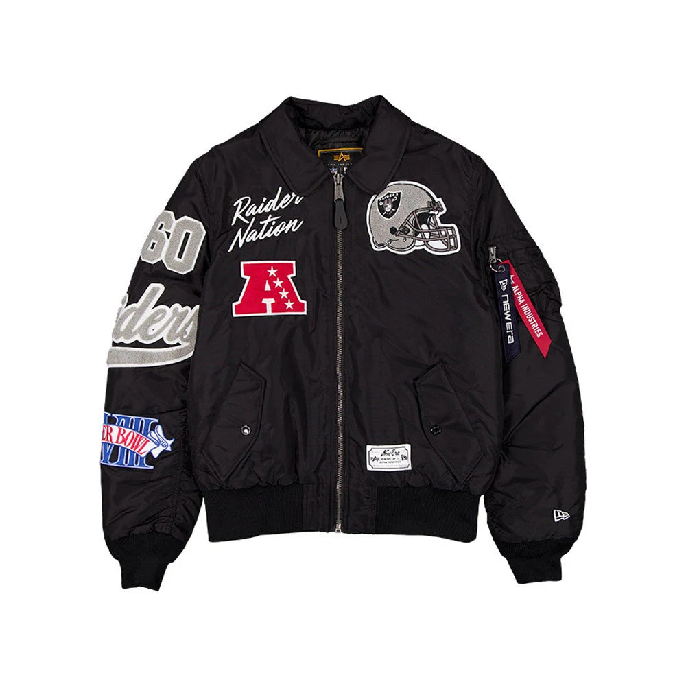 The model is wearing this NFL X Alpha Las Vegas Raiders Jacket in assorted print. 3