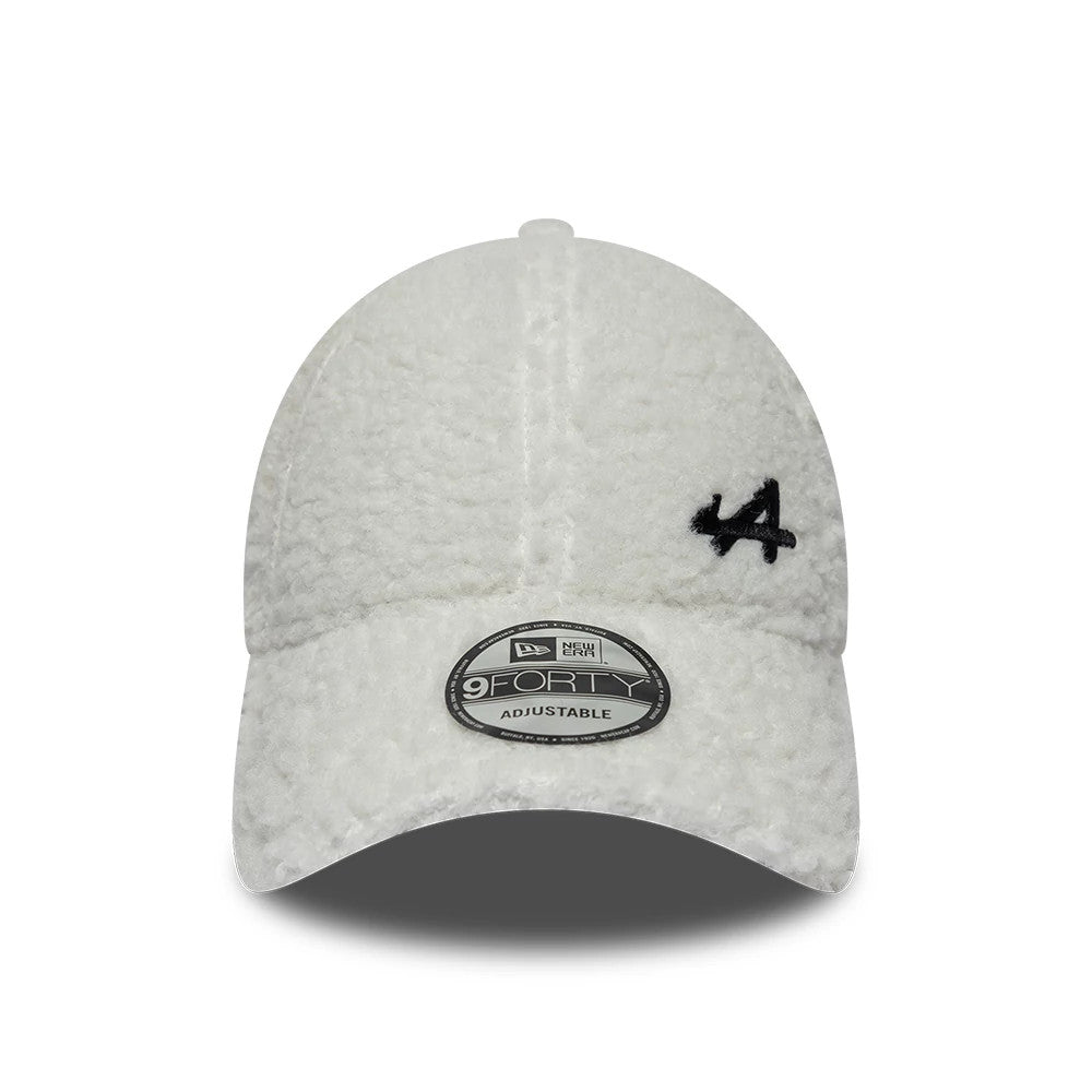 Alpine Racing A390 Cream New Era 9FORTY Adjustable Cap, front view showing the black embroidered A logo on the right front panel, white textured finish on the crown, and a 9FORTY size sticker centred on the slightly curved visor.