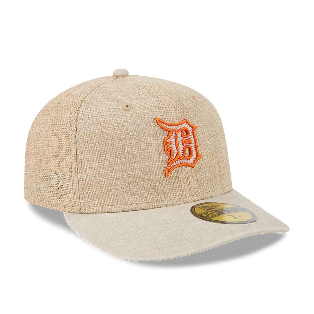 Detroit Tigers MLB Halloween Beige New Era 59FIFTY Fitted Cap, three-quarter view showing the orange embroidered Tigers logo on the front panel, a flat beige visor with a gold 59FIFTY size sticker, and a matching beige top button and eyelets.