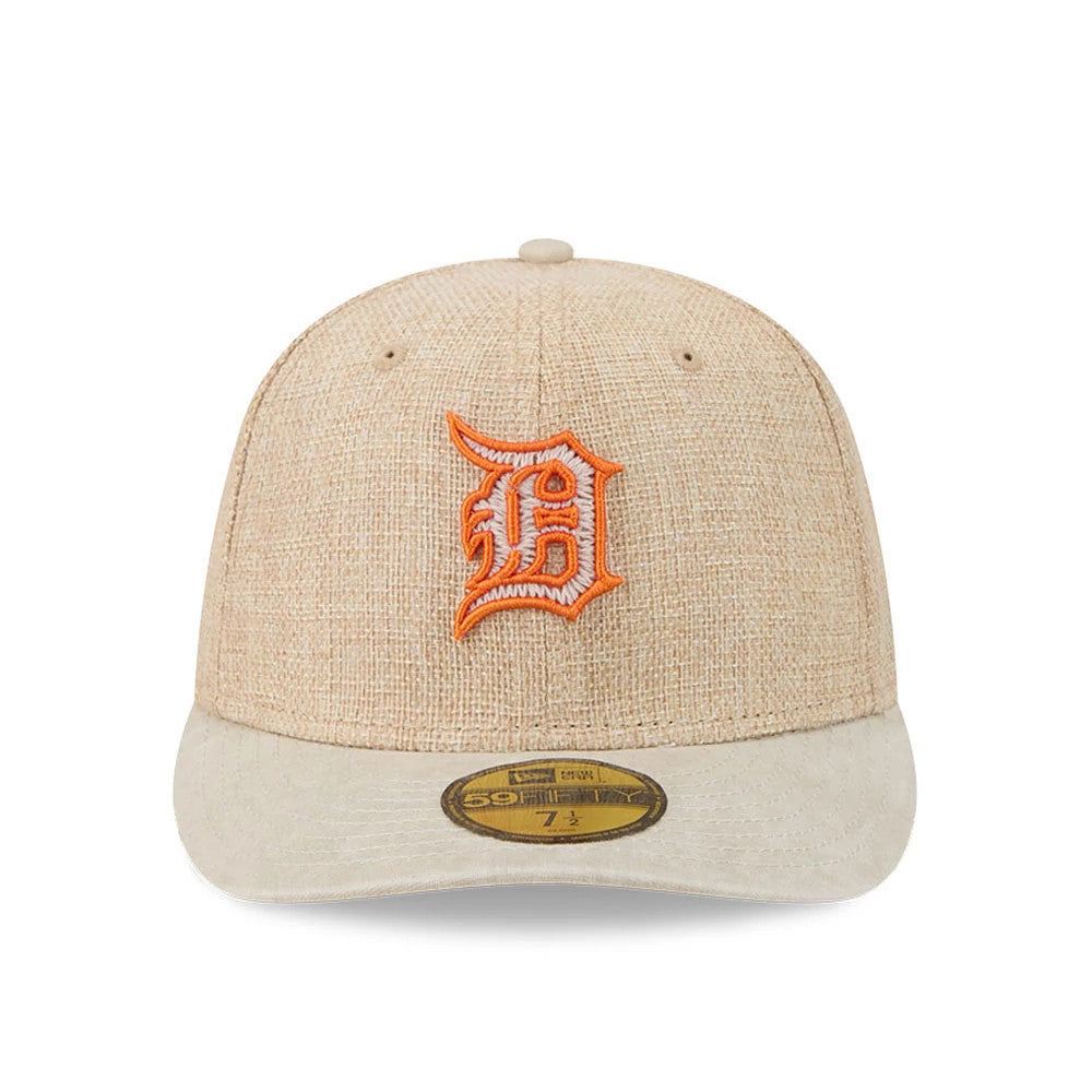 Detroit Tigers MLB Halloween Beige New Era 59FIFTY Fitted Cap, front view showing the orange embroidered D logo on the structured beige crown, complemented by a flat beige visor and a gold 59FIFTY size sticker on the visor.