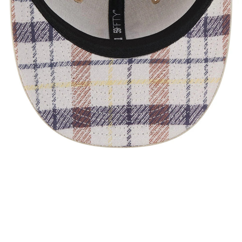 Detroit Tigers MLB Halloween Beige New Era 59FIFTY Fitted Cap, inside view showing the plaid pattern on the curved visor's underside, the black sweatband surrounding the cap interior, and the grey 59FIFTY taping running along the seam.