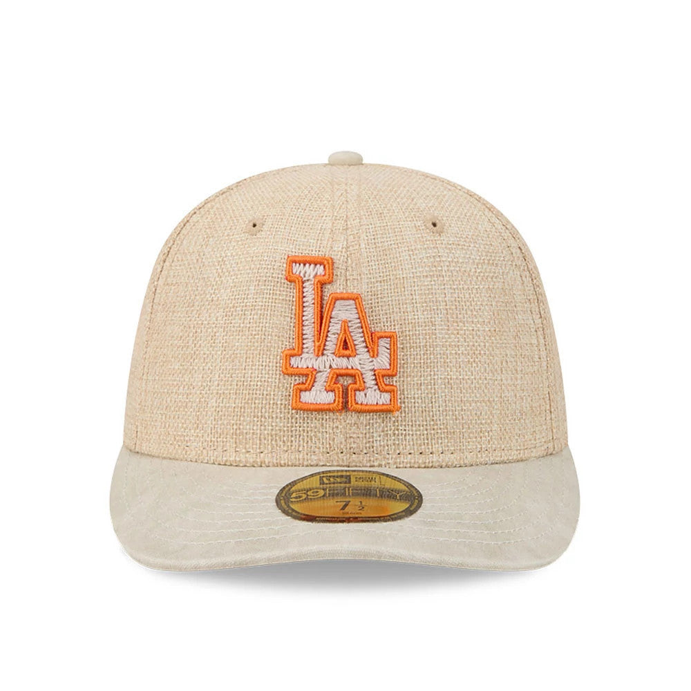 LA Dodgers MLB Halloween Beige New Era 59FIFTY Fitted Cap, front view showing an orange and white embroidered LA logo on the structured beige crown, with a contrasting beige flat visor and a gold 59FIFTY size sticker on the visor.
