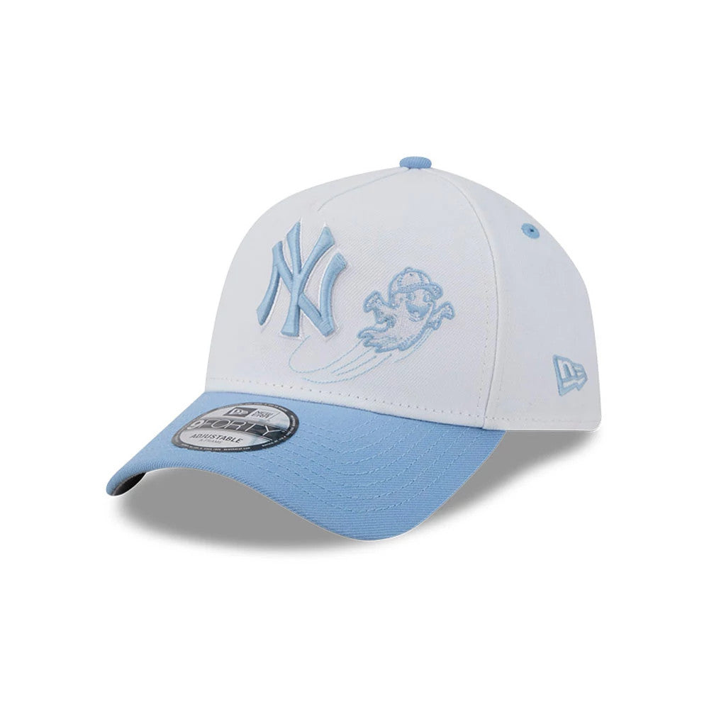 New York Yankees MLB Halloween White New Era 9FORTY A-Frame Adjustable Cap, three-quarter view showing the light blue embroidered NY logo and ghost graphic on white front panels, light blue visor with a 9FORTY size sticker.