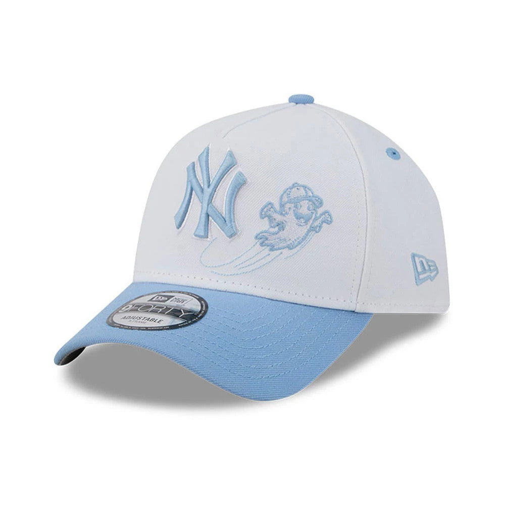 New York Yankees MLB Halloween White New Era 9FORTY A-Frame Adjustable Cap, three-quarter view showing the light blue embroidered NY logo and ghost graphic on white front panels, light blue visor with a 9FORTY size sticker.