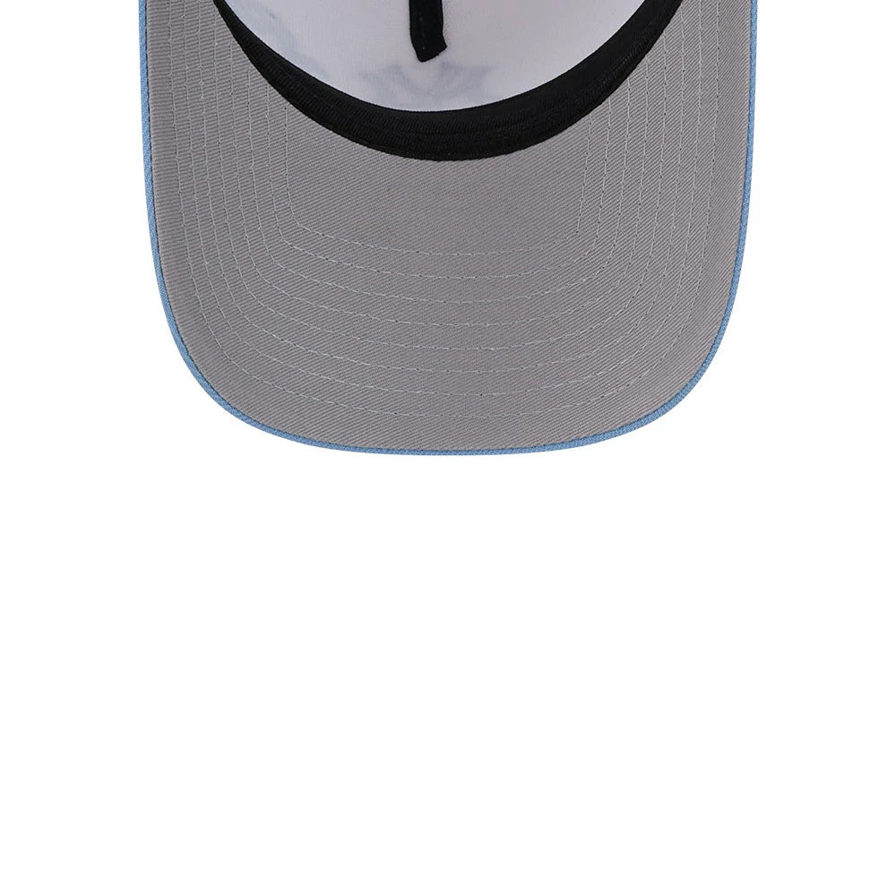 New York Yankees MLB Halloween White New Era 9FORTY A-Frame Adjustable Cap, inside view showing a white undervisor with a light blue edge, black sweatband, and a contrasting white interior lining along the hat's ceiling.