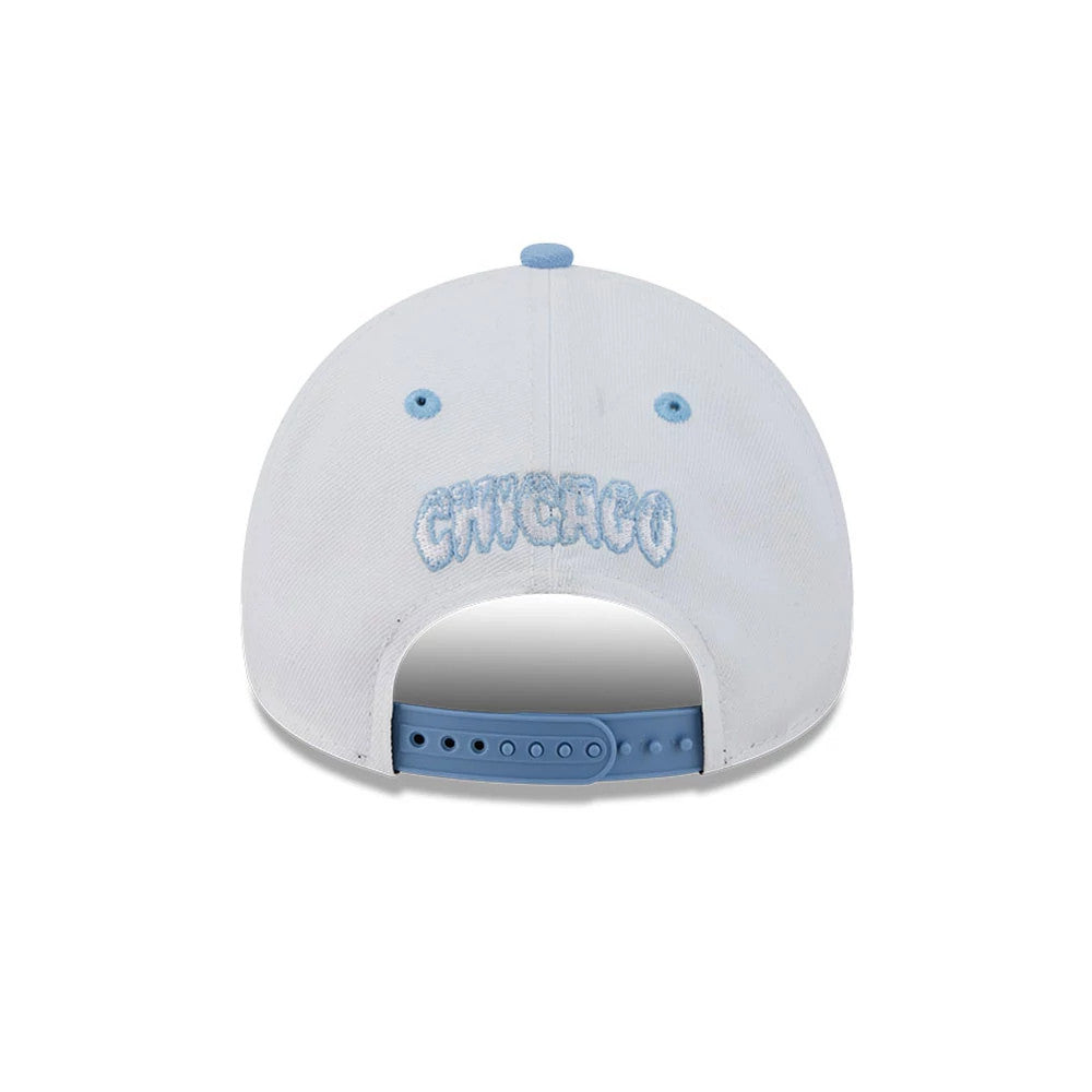 Chicago White Sox MLB Halloween White New Era 9FORTY A-Frame Adjustable Cap, rear view featuring light blue embroidered Chicago text on the back panels, matching blue eyelets and top button, with a light blue adjustable strap at the back.