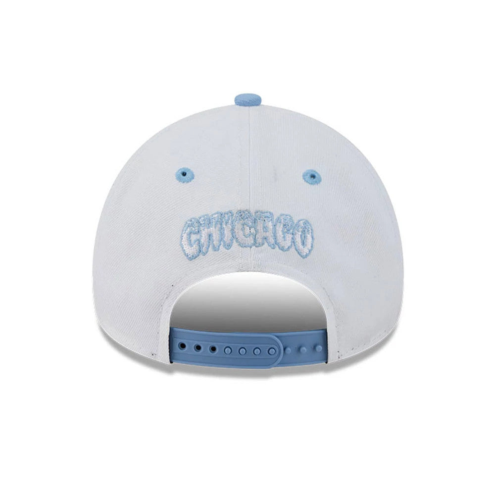 Chicago White Sox MLB Halloween White New Era 9FORTY A-Frame Adjustable Cap, rear view featuring light blue embroidered Chicago text on the back panels, matching blue eyelets and top button, with a light blue adjustable strap at the back.