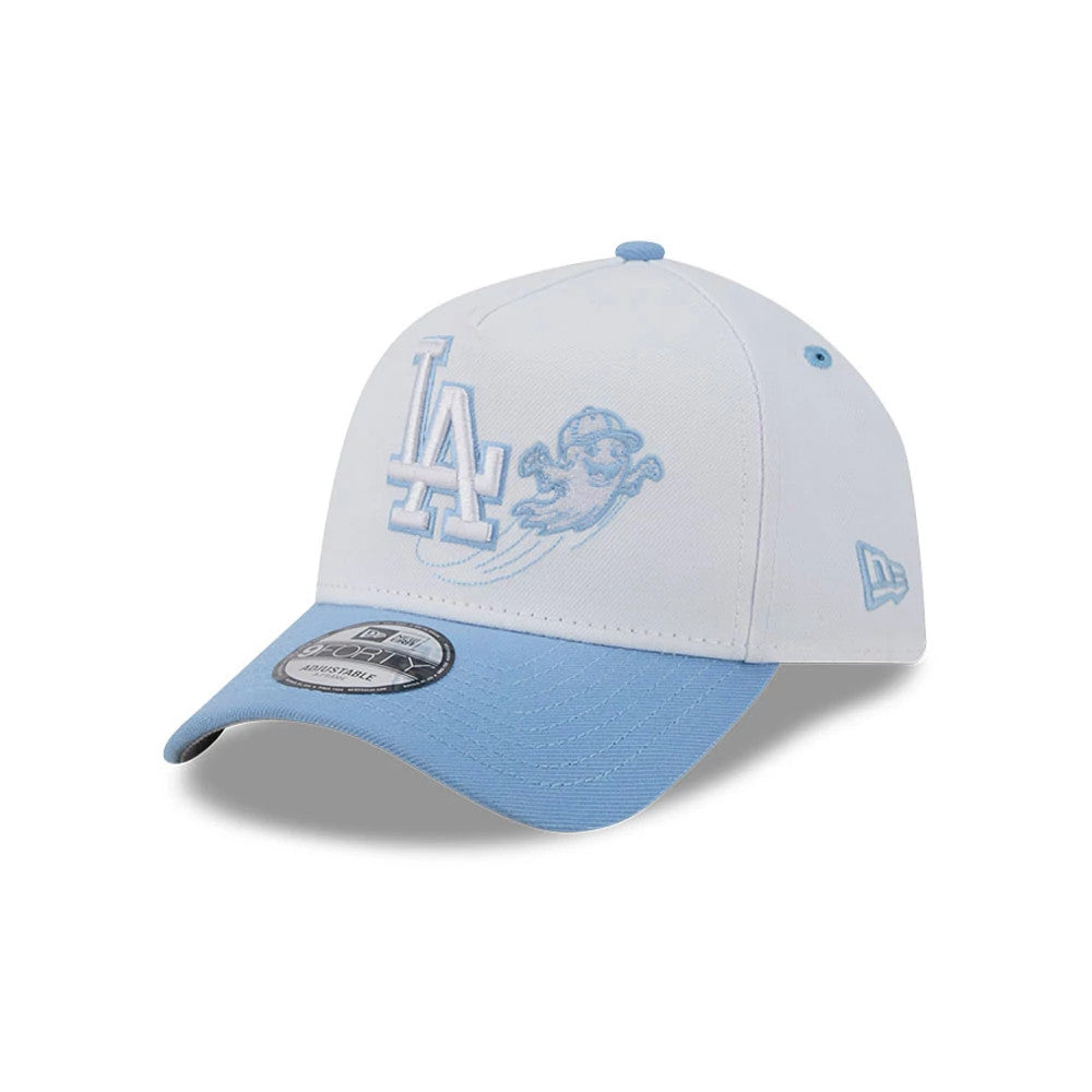 LA Dodgers MLB Halloween White New Era 9FORTY A-Frame Adjustable Cap, three-quarter view showing the raised light blue LA logo and ghost graphic on the front panels, a light blue visor with a 9FORTY size sticker.